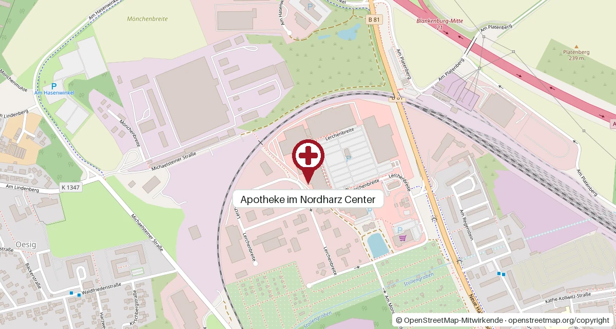Kartenausschnitt von Blankenburg mit markierter Apotheke im Nordharz Center an der Lerchenbreite, nahe B81